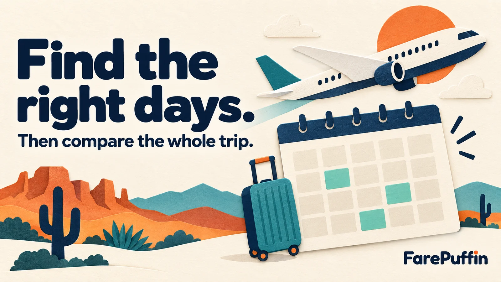 Paper illustration of a plane, highlighted calendar days and a suitcase above a desert landscape