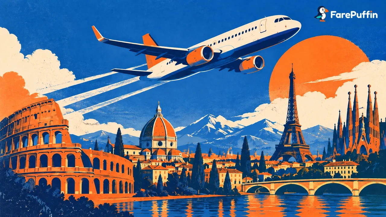 Illustrated passenger jet above European landmarks