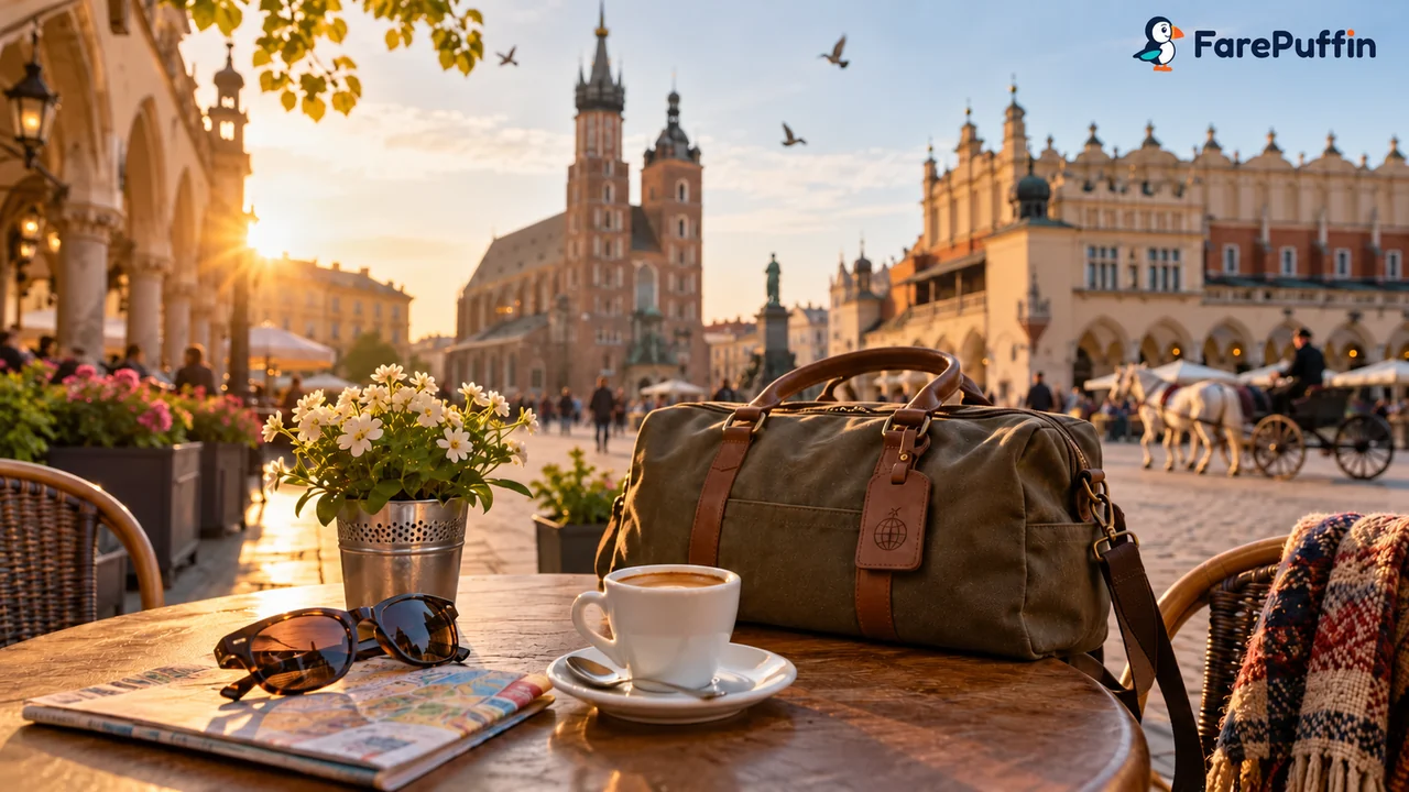 Espresso and a weekend bag in a European city square