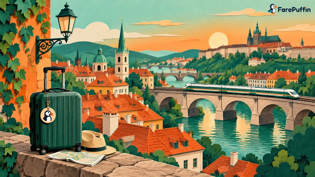 Illustrated European rooftops, train bridge, and carry-on bag