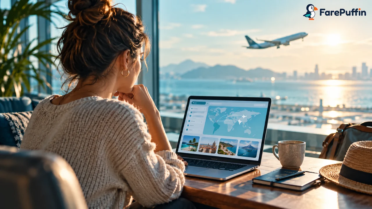 Traveler comparing flight options on a laptop by a window